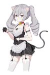  1girl absurdres alternate_costume animal_ears apron arm_belt bare_shoulders bell black_gloves black_skirt black_vest breasts bronya_zaychik cat_ears cat_girl cat_tail choker collarbone cropped_legs drill_hair enmaided frills garter_straps gloves gree4 grey_eyes grey_hair half_gloves highres honkai_(series) honkai_impact_3rd jingle_bell long_hair looking_at_viewer maid maid_apron miniskirt red_choker simple_background skirt sleeveless small_breasts solo tail tail_raised thigh-highs twin_drills twintails vest white_apron white_background white_legwear wristband zettai_ryouiki 