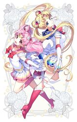  2girls back_bow bishoujo_senshi_sailor_moon blonde_hair blue_eyes blue_sailor_collar boots bow bowtie breasts chibi_usa choker circlet commentary crescent crescent_earrings double_bun earrings elbow_gloves full_body gloves heart heart_choker high_heel_boots high_heels highres jewelry knee_boots leg_up long_hair looking_at_viewer magical_girl medium_breasts miniskirt multicolored multicolored_clothes multicolored_skirt multiple_girls nardack pink_hair red_bow red_eyes red_footwear red_neckwear sailor_collar sailor_moon sailor_senshi_uniform shirt skirt small_breasts smile twintails very_long_hair white_bow white_gloves white_shirt 