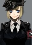  1girl armband bangs black_jacket black_neckwear blonde_hair blue_eyes blunt_bangs breasts commentary_request grey_background hat highres jacket large_breasts looking_at_viewer military military_hat military_uniform nazi necktie original peaked_cap reichsadler ru_taso scar scar_across_eye scar_on_face scar_on_mouth shirt short_hair solo swastika uniform upper_body white_shirt 