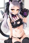  1girl :p animal_ear_fluff animal_ears bangs bare_arms bare_shoulders black_bra black_gloves black_legwear black_neckwear black_panties black_ribbon blush bra cat_ears cat_lingerie cat_tail choker commentary_request flat_chest gloves hair_ornament hair_ribbon hand_up hololive long_hair looking_at_viewer marota meme_attire murasaki_shion navel orange_eyes panties paw_gloves paws ribbon silver_hair sitting smile solo stomach tail thigh-highs tongue tongue_out underwear underwear_only virtual_youtuber 
