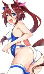  1girl absurdres aiuti ass blue_eyes brown_hair commentary_request competition_swimsuit cowboy_shot hair_flaps high_ponytail highres horse_girl long_hair multicolored_hair one-piece_swimsuit one_eye_closed simple_background smile solo streaked_hair swimsuit thigh-highs tokai_teio_(umamusume) two-tone_hair two-tone_swimsuit umamusume white_background white_hair white_legwear 