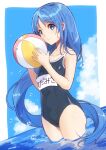  1girl alternate_costume ball bangs bare_arms bare_legs bare_shoulders beachball black_swimsuit blue_eyes blue_hair blue_sky blue_swimsuit clouds collarbone commentary_request commission competition_school_swimsuit cowboy_shot day eyebrows_visible_through_hair flat_chest gradient_hair holding holding_ball kantai_collection long_hair looking_at_viewer mitsuyo_(mituyo324) multicolored_hair name_tag one-piece_swimsuit outdoors samidare_(kancolle) school_swimsuit sky smile soaking_feet solo standing swept_bangs swimsuit very_long_hair wading water 