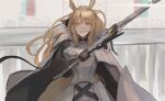  1girl absurdres animal_ear_fluff animal_ears arena arknights armor bangs black_gloves blemishine_(arknights) blonde_hair cape commentary eyebrows_visible_through_hair gloves grin highres holding holding_sword holding_weapon horse_ears horse_girl long_hair looking_at_viewer open_mouth orange_eyes smile solo sword upper_body weapon white_cape yaruyan 