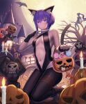  3boys 3girls animal_ears assassin_(fate/zero) bare_shoulders barefoot belt black_gloves black_legwear breasts candle candy cat_ears cat_tail center_opening church dark_skin dark-skinned_female fake_animal_ears fake_tail fate/grand_order fate_(series) feet female_assassin_(fate/zero) fingerless_gloves flag food fujimaru_ritsuka_(female) fujimaru_ritsuka_(male) gloves halloween halloween_bucket halloween_costume hassan_of_serenity_(fate) hassan_of_the_cursed_arm_(fate) highres holding holding_weapon king_hassan_(fate) kunai looking_at_viewer moon multiple_boys multiple_girls night night_sky ponytail pumpkin purple_hair short_hair sky suraimu_(suraimuraimu) tail violet_eyes weapon 