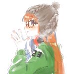  1girl arms_up bangs beanie black_headwear blunt_bangs blush condensation_trail eyebrows_visible_through_hair glasses green_hoodie hands_together hands_up hat headphones headphones_around_neck headphones_removed hime_cut hood hood_down hoodie long_hair mcmcknk open_mouth orange_hair persona persona_5 persona_5_the_royal pom_pom_(clothes) sakura_futaba simple_background solo_focus teeth violet_eyes white_background 