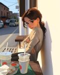  1girl against_wall brown_eyes brown_hair cafe commentary completion_time crossed_arms cup day disposable_cup english_commentary highres lips looking_at_viewer low_ponytail medium_hair nose photo-referenced pout real_life sam_yang_(samdoesarts) sitting solo 