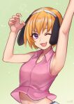  1girl ;d animal_ears armpits arms_up bangs bare_arms bare_shoulders breasts collared_shirt commentary_request dog_ears eyebrows fake_animal_ears fang floppy_ears green_background hair_between_eyes happy highres higurashi_no_naku_koro_ni houjou_satoko looking_at_viewer midriff one_eye_closed open_mouth pink_shirt shirt signature sleeveless sleeveless_shirt small_breasts smile solo tarako_jun upper_body violet_eyes 
