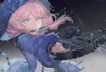 1girl arknights bingansuan_jiamouren black_background blue_eyes blue_jacket blue_poison_(arknights) crossbow dart gradient gradient_background holding holding_weapon hood hooded_jacket image_sample jacket long_hair looking_at_viewer mihuashi_sample pink_hair rain short_twintails solo twintails upper_body water weapon 