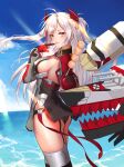  1girl :p absurdres akashiro_yulice antenna_hair ass azur_lane bangs black_panties blue_sky breasts clouds cloudy_sky commentary_request dango food from_side garter_straps hair_ornament highres holding horizon huge_filesize iron_cross large_breasts long_hair looking_at_viewer looking_to_the_side machinery mole mole_on_breast multicolored_hair ocean panties pointing pointing_at_self prinz_eugen_(azur_lane) sideboob sidelocks sky smile solo sunlight tongue tongue_out turret two-tone_gloves two-tone_hair two-tone_legwear two_side_up underwear wagashi white_hair wind 