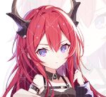  1girl arknights armband bare_shoulders black_dress chibi dress fanghua_ra hand_up highres horns infection_monitor_(arknights) long_hair long_sleeves looking_at_viewer redhead solo surtr_(arknights) violet_eyes white_background zoom_layer 