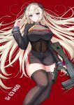  1girl absurdres bangs battle_rifle black_legwear blonde_hair blush breasts character_name closed_mouth corset eyebrows_visible_through_hair g3_(girls_frontline) girls_frontline gun h&amp;k_g3 highres holding holding_weapon holster large_breasts long_hair looking_at_viewer lying mod3_(girls_frontline) on_back on_floor red_background rifle rynn_(rynn_cube) solo thigh-highs uniform violet_eyes weapon 