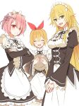  3girls :d apron black_ribbon black_sleeves blonde_hair blush breasts commentary_request felt_(re:zero) flower_knot frederica_baumann frilled_sleeves frills green_eyes hair_ornament hair_over_one_eye hair_ribbon holding kh_(kh_1128) long_hair long_sleeves looking_at_viewer maid maid_headdress medium_breasts multiple_girls neck_ribbon open_mouth pink_hair ram_(re:zero) re:zero_kara_hajimeru_isekai_seikatsu red_eyes ribbon ribbon-trimmed_sleeves ribbon_trim roswaal_mansion_maid_uniform sharp_teeth short_hair simple_background smile teeth upper_teeth waist_apron white_apron white_background x_hair_ornament 