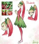  1girl absurdres blush breasts closed_mouth colored_skin full_body green_hair green_skin high_heels highres long_hair matilda_fiship medium_breasts monster_girl multicolored_hair multiple_views original photo-referenced plant_girl ponytail red_eyes redhead rhubarb skirt smile standing 