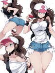 1girl ass bare_shoulders baseball_cap black_vest blue_eyes breasts brown_hair clothes_pull denim denim_shorts exposed_pocket hand_on_hip hat high_ponytail highres hilda_(pokemon) hips holding holding_poke_ball jacket large_breasts leaning_forward looking_at_viewer looking_back multiple_views open_mouth pants poke_ball poke_ball_(basic) pokemon pokemon_(game) pokemon_bw ponytail shimure_(460) shirt shirt_pull short_shorts shorts sidelocks simple_background sleeveless sleeveless_shirt solo t-shirt thick_thighs thighs torn_clothes torn_pants vest white_background white_shirt wide_hips wristband