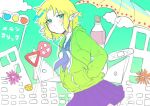  1girl alternate_costume bangs blonde_hair blue_neckwear blush bottle closed_mouth clouds colored_skin commentary_request cookie_(touhou) cowboy_shot earphones earphones eyebrows_visible_through_hair green_eyes green_sweatshirt hands_in_pockets joker_(cookie) long_sleeves looking_at_viewer mizuhashi_parsee odenoden parted_bangs plastic_bottle pleated_skirt pointy_ears purple_skirt road_sign school_uniform serafuku short_hair sign skirt solo stop_sign surreal sweatshirt touhou traffic_light umbrella white_skin 