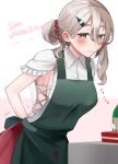  1girl absurdres alternate_hairstyle apron bangs blouse blurry blush bottle_hair_ornament breasts brown_eyes closed_mouth cowboy_shot depth_of_field green_apron grey_eyes grey_hair hair_between_eyes hair_ornament hair_up hairclip highres kantai_collection leaning_forward pola_(kancolle) red_skirt simple_background skirt solo toriniku_senshi_chikinman valentine wavy_hair white_background white_blouse 