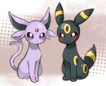  :3 blush closed_mouth commentary_request espeon forked_tail gen_2_pokemon no_humans paws pokemon pokemon_(creature) red_eyes sitting smile tail tansho toes umbreon violet_eyes 