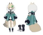  1girl absurdres animal_ear_fluff animal_ears bangs black_footwear blonde_hair blue_jacket boots closed_mouth fox_ears fox_girl fox_tail fur_trim hair_between_eyes hair_ornament highres hood hood_up hooded_jacket jacket long_sleeves multiple_views original sh_(562835932) short_hair simple_background socks tail white_background white_legwear yellow_eyes 