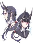  1girl bangs bare_shoulders black_hair black_headwear closed_mouth diagonal_stripes ears from_side hair_ornament hat horns horns_through_headwear long_hair looking_at_viewer low_ponytail military_hat multiple_views necktie oni_horns original pinstripe_pattern portrait satoma_makoto scar sidelocks signature simple_background striped tied_hair vertical_stripes white_background 