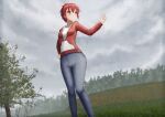  1girl bangs blue_pants blush breasts closed_mouth clouds cloudy_sky commentary commission day drawstring english_commentary eyebrows_visible_through_hair grass hair_between_eyes hand_on_hip hand_up highres jacket long_sleeves looking_away looking_to_the_side original outdoors pants prophosphere red_eyes red_jacket redhead shirt sky small_breasts smile solo standing tree white_shirt 