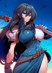  1girl armor ayra_(fire_emblem) bangs belt belt_buckle black_hair blue_eyes breasts buckle dress fire_emblem fire_emblem:_genealogy_of_the_holy_war gloves highres holding holding_weapon large_breasts long_hair looking_at_viewer muneate shoulder_armor side_slit solo solo_focus sword tukiwani weapon 