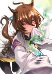  1girl agnes_tachyon_(umamusume) ahoge animal_ears bangs black_neckwear brown_eyes brown_hair earrings hair_between_eyes horse_ears horse_girl horse_tail jewelry labcoat looking_at_viewer necktie saeki_shun short_hair simple_background sleeves_past_fingers sleeves_past_wrists smile solo tail umamusume vial white_background 