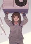  1girl air_conditioner arms_up bangs breasts brown_hair evil_smile eyebrows_visible_through_hair highres lifting looking_at_viewer open_mouth original short_hair smile solo tomioka_jirou 