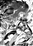  1girl absurdres black_gloves bodysuit boots breasts clouds dated fingerless_gloves flaming_sword flaming_weapon gloves greyscale highres holding holding_sword holding_weapon huge_filesize large_breasts looking_down monochrome open_hand pyra_(xenoblade) qingwa_chi_she short_hair short_shorts shorts skindentation sky solo sword thigh-highs thigh_boots weapon xenoblade_chronicles_(series) xenoblade_chronicles_2 