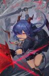  1girl arknights bingansuan_jiamouren blue_hair ch&#039;en_(arknights) collared_shirt dragon_girl dragon_horns dragon_tail holding holding_weapon horns image_sample jacket lofter_sample long_hair looking_at_viewer necktie red_eyes serious shirt shorts solo sword tail twintails weapon 