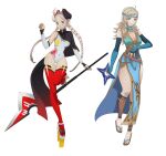  2girls absurdres ahoge alternate_costume blonde_hair braid breasts commission commissioner_upload cosplay fire_emblem fire_emblem_fates fire_emblem_heroes grey_eyes grey_hair hairband highres holding holding_weapon laevatein_(fire_emblem) laevatein_(fire_emblem)_(cosplay) looking_at_viewer lyn_(fire_emblem) lyn_(fire_emblem)_(cosplay) multiple_girls nina_(fire_emblem) ninja_mask ophelia_(fire_emblem) sandals thigh-highs twin_braids weapon yangartworks 