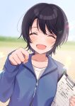  1girl bangs black_hair blurry blurry_background blush clenched_hand closed_eyes collarbone commentary_request highres holding hololive oozora_subaru open_mouth shigure_ui short_hair solo sportswear upper_body 