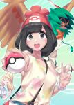 2girls absurdres beanie black_eyes black_hair blonde_hair commentary_request decidueye eyebrows_visible_through_hair hat highres holding holding_poke_ball lillie_(pokemon) looking_at_viewer mizuumi_(bb) multiple_girls open_mouth poke_ball poke_ball_(basic) pokemon pokemon_(creature) pokemon_(game) pokemon_sm ponytail red_headwear selene_(pokemon) shirt smile teeth thumbs_up tied_shirt upper_teeth v white_shirt yellow_shirt