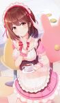  1girl absurdres brown_eyes brown_hair coffee_cup cup disposable_cup eyebrows_visible_through_hair hair_between_eyes hair_ornament highres hikkyou looking_at_viewer maid masquerade_channel momoka_mocha smile solo virtual_youtuber 