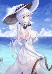  1girl azur_lane backless_dress backless_outfit bare_shoulders black_ribbon blue_eyes blue_sky breasts clouds cowboy_shot dress from_side garter_straps hair_ribbon hat illustrious_(azur_lane) lace-trimmed_dress lace-trimmed_headwear lace_trim large_breasts long_hair looking_at_viewer looking_to_the_side ocean ribbon see-through_dress skirt_hold sky sleeveless sleeveless_dress solo strapless strapless_dress sun_hat thigh-highs tmtl_aos tress_ribbon two-tone_headwear water white_dress white_hair white_headwear white_legwear 