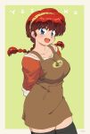  1girl arms_behind_back blue_eyes blush braid breasts character_name commentary_request dated dress duck_print english_text eyebrows_visible_through_hair fang genderswap genderswap_(mtf) hibiki_yoiko highres looking_at_viewer mage_(harumagedon) open_mouth ranma-chan ranma_1/2 redhead saotome_ranma signature simple_background smile solo thigh-highs twin_braids 