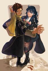  1boy 1girl bangs blue_eyes blue_hair breasts brown_hair byleth_(fire_emblem) byleth_eisner_(female) cape claude_von_riegan closed_mouth dancing dark_skin earrings fire_emblem fire_emblem:_three_houses garreg_mach_monastery_uniform green_eyes highres jewelry medium_hair open_mouth short_hair smile sweatdrop uniform water751 