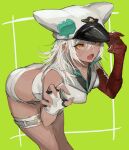  1girl arms_up bandages bangs bare_legs bent_over clover dark_skin dark-skinned_female fingerless_gloves four-leaf_clover gloves green_background guilty_gear guilty_gear_strive hair_between_eyes hat leaning_forward open_mouth orange_eyes oro_(sumakaita) platinum_blonde_hair ramlethal_valentine short_shorts shorts simple_background solo thigh_strap thighs vest 