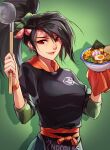 1girl akali alternate_costume animification black_hair black_shirt bracelet breasts egg english_commentary food green_background hachimaki hair_behind_ear headband hood hoodie jewelry league_of_legends making-of_available medium_breasts noodles open_mouth orange_headband orange_hoodie ponytail ramen red_eyes shadow shirt smile solo v-shaped_eyebrows vmat