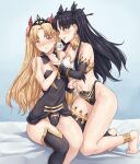  2girls bangs bare_arms bare_shoulders barefoot black_dress black_hair black_ribbon blonde_hair blush breasts bridal_gauntlets closed_mouth dress ereshkigal_(fate) eyebrows_visible_through_hair fate/grand_order fate_(series) hair_ornament hair_ribbon incest ishtar_(fate) ishtar_(fate)_(all) kneeling long_hair looking_at_another medium_breasts multiple_girls navel parted_bangs parted_lips ribbon sarhce siblings single_thighhigh sisters smile speech_bubble thigh-highs twintails yuri 