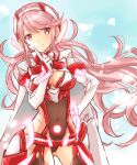 1girl breasts cowboy_shot finger_to_cheek gloves highres leotard long_hair medium_breasts pink_eyes pink_hair prototype pyra_(xenoblade) shiroxai smile solo twintails very_long_hair white_gloves xenoblade_chronicles_(series) xenoblade_chronicles_2 