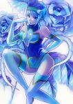  1girl blue_flower blue_hair blue_leotard blue_rose blue_rose_(tiger_&amp;_bunny) boots crystal_earrings earrings elbow_gloves flower gloves hand_on_hip headgear jewelry karina_lyle leotard lips lipstick makeup mikan_(aquacomet) power_suit rose simple_background solo superhero thigh-highs thigh_boots tiger_&amp;_bunny transparent_breasts_pads white_background white_footwear white_gloves 