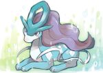  blush commentary_request gen_2_pokemon head_tilt legendary_pokemon lying no_humans on_stomach paws pokemon pokemon_(creature) red_eyes solo suicune tansho toes 