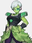  1girl broly_(dragon_ball_super) broly_(dragon_ball_super)_(cosplay) cheelai closed_mouth colored_skin cosplay dragon_ball dragon_ball_super dragon_ball_super_broly green_skin grey_background hand_on_hip kemachiku looking_at_viewer saiyan_armor scouter short_hair simple_background solo violet_eyes white_hair 