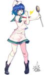  1girl :d alternate_hair_color anchor_print anchor_symbol bangs black_footwear blue_eyes blue_hair blush boots commentary_request drop_shadow eyebrows_visible_through_hair full_body hat highres holding holding_ladle kneehighs ladle looking_at_viewer midriff_peek murasa_minamitsu navel neckerchief open_mouth outstretched_arm red_neckwear sailor_collar sailor_hat sailor_shirt shirt short_hair shorts signature simple_background smile solo standing stretch touhou umigarasu_(kitsune1963) white_background white_headwear white_legwear white_shirt white_shorts 
