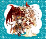  2boys 2girls armor blonde_hair chaos_(dff) chaos_(ff1) chibi commentary_request cosmos_(dff) dress fangs final_fantasy final_fantasy_i hands_together helmet horns long_hair monster multiple_boys multiple_girls nina_(&amp;_lucie) pink_hair sarah_(ff1) smile standing sword theatrhythm_final_fantasy warrior_of_light wavy_hair weapon white_hair wings 