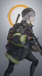  absurdres agent_vector_(girls_frontline) american_flag axe backpack bag beanie biohazard_symbol dated fire_axe firefighter girls_frontline gloves grey_hair gun hat highres jacket knee_pads kriss_vector long_sleeves new_york_city_fire_department official_alternate_costume open_mouth pantyhose pleated_skirt profile shemagh short_hair skirt submachine_gun tom_clancy&#039;s_the_division trigger_discipline useless vector_(girls_frontline) watch watch weapon yellow_eyes 