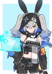  1girl 4410_(kanimiso) absurdres animal_ears animal_hood bangs belt blue_gloves blue_hair breasts bronya_zaychik bronya_zaychik_(haxxor_bunny) crop_top crossed_bangs drill_hair expressionless fake_animal_ears fur_trim gloves gradient_hair grey_eyes grey_hair highres holographic_interface honkai_(series) honkai_impact_3rd hood jacket multicolored_hair shorts small_breasts solo twin_drills 