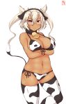  1girl absurdres alternate_costume animal_ears artist_logo bell bikini breasts commentary_request cow_ears cow_horns cow_tail cowbell cowboy_shot crossed_arms dark_skin dark-skinned_female dated fake_animal_ears fake_horns hair_between_eyes highres horns kanon_(kurogane_knights) kantai_collection large_breasts lowleg lowleg_bikini musashi_(kancolle) navel one-hour_drawing_challenge platinum_blonde_hair pointy_hair rectangular_eyewear red_eyes semi-rimless_eyewear short_hair_with_long_locks side-tie_bikini simple_background solo swimsuit tail thigh-highs twintails two_side_up white_background white_bikini white_legwear 