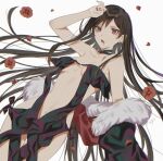  1girl arm_up bare_shoulders black_choker black_dress blood blood_on_face breasts brown_hair choker collarbone commentary_request dress ear_piercing fang fang_out fate/grand_order fate_(series) flower fur-trimmed_jacket fur_trim hair_between_eyes hand_on_own_head highres jacket long_hair looking_at_viewer lying medium_breasts nail nail_polish navel open_clothes open_mouth oshage_(user_kpsn5534) petals piercing red_flower revealing_clothes simple_background solo strapless strapless_dress vampire very_long_hair white_background yu_mei-ren_(fate) 