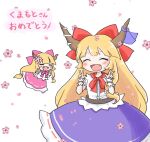  2girls =_= ajitsuki arm_garter bangs belt blonde_hair blue_bow blue_skirt blunt_bangs bow chibi double_w fang floral_background frilled_skirt frills horn_bow horn_ornament horn_ribbon horns ibuki_suika long_hair multiple_girls neckerchief open_mouth pink_bow pink_neckwear pink_skirt red_bow red_neckwear ribbon shirt skirt sleeveless sleeveless_shirt smile torn_clothes torn_sleeves touhou w white_shirt 